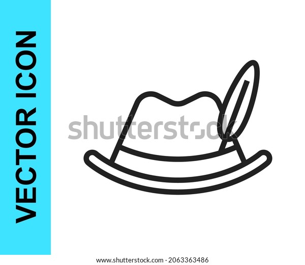 Black line Oktoberfest\
hat icon isolated on white background. Hunter hat with feather.\
German hat.  Vector