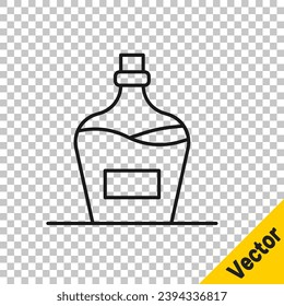 Black line Old bottle of wine icon isolated on transparent background. Bottle of homemade wine.  Vector