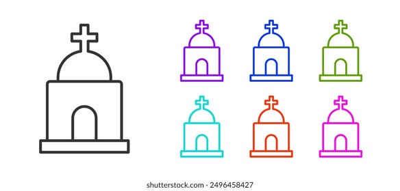 Línea negra Icono de cripta antigua aislado sobre fondo blanco. Símbolo del cementerio. Osario o cripta para entierro de difuntos. Establecer iconos coloridos. Vector