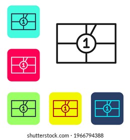Black line Old film movie countdown frame icon isolated on white background. Vintage retro cinema timer count. Set icons in color square buttons. Vector Illustration