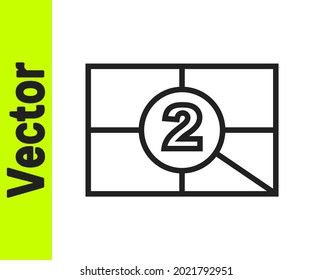 Black line Old film movie countdown frame icon isolated on white background. Vintage retro cinema timer count.  Vector