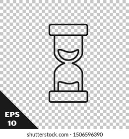 Black line Old hourglass with flowing sand icon isolated on transparent background. Sand clock sign. Business and time management concept.  Vector Illustration