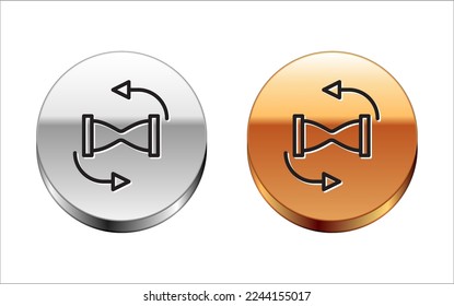 Black line Old hourglass with flowing sand icon isolated on white background. Sand clock sign. Business and time management concept. Silver-gold circle button. Vector
