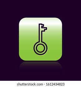 Black line Old key icon isolated on black background. Green square button. Vector Illustration