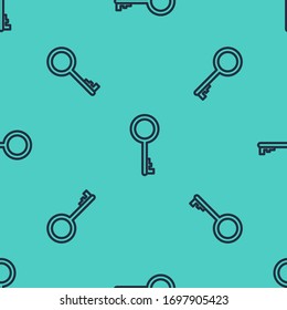 Black line Old key icon isolated seamless pattern on green background.  Vector Illustration
