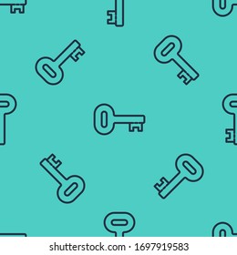 Black line Old key icon isolated seamless pattern on green background.  Vector Illustration