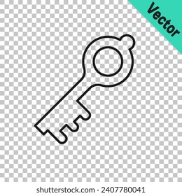 Línea negra Icono de la vieja llave mágica aislado en fondo transparente.  Vector