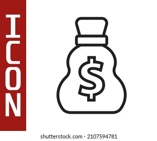 Black line Old money bag icon isolated on white background. Cash Banking currency sign.  Vector