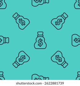 Black line Old money bag icon isolated seamless pattern on green background. Cash Banking currency sign.  Vector