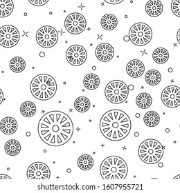 Black line Old wooden wheel icon isolated seamless pattern on white background.  Vector Illustration