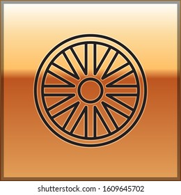 Black line Old wooden wheel icon isolated on gold background.  Vector Illustration