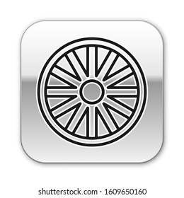 Black line Old wooden wheel icon isolated on white background. Silver square button. Vector Illustration