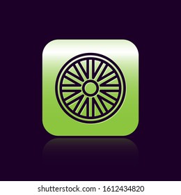 Black line Old wooden wheel icon isolated on black background. Green square button. Vector Illustration