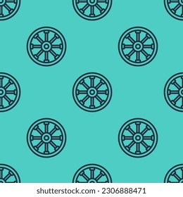 Black line Old wooden wheel icon isolated seamless pattern on green background.  Vector