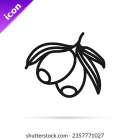 Black line Olives branch icon isolated on white background.  Vector