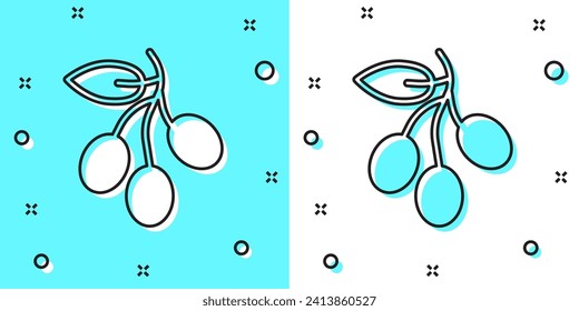 Black line Olives branch icon isolated on green and white background. Random dynamic shapes. Vector