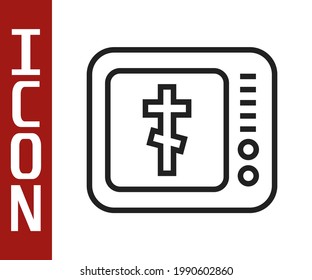 Black line Online church pastor preaching video streaming icon isolated on white background. Online church of Jesus Christ.  Vector