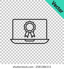 Black line Online education with diploma icon isolated on transparent background. Diploma online at home. Webinar and video seminar learning.  Vector