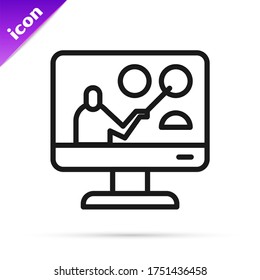 Black line Online education and graduation icon isolated on white background. Online teacher on monitor. Webinar and video seminar learning.  Vector Illustration