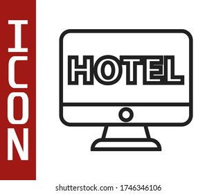 Black line Online hotel booking icon isolated on white background. Online booking design concept for computer monitor.  Vector Illustration