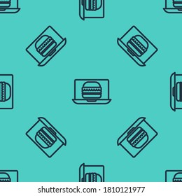 Black line Online ordering and burger delivery icon isolated seamless pattern on green background.  Vector Illustration