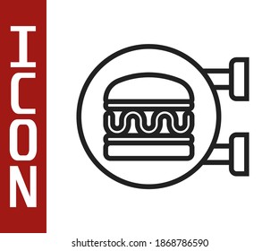 Schwarze Linie Online Bestellung und Burger Lieferung Symbol einzeln auf weißem Hintergrund.  Vektorgrafik