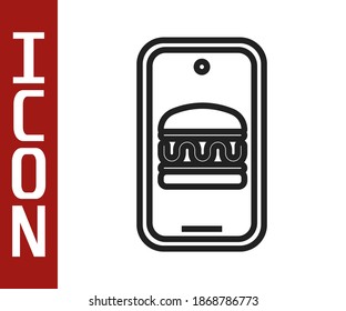 Línea Negra. Icono de pedidos online y entrega de comida rápida aislado en fondo blanco. Signo de hamburguesa.  Vector