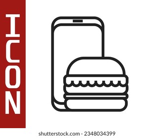 Línea Negra. Icono de pedidos online y entrega de comida rápida aislado en fondo blanco. Signo de hamburguesa.  Ilustración vectorial