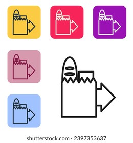 Línea Negra. Icono de pedidos online y entrega de comida rápida aislado en fondo blanco. Establezca iconos en los botones cuadrados de color. Ilustración vectorial