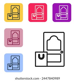 Línea negra Pedido en línea e icono de entrega de comida rápida aislados sobre fondo blanco. Establecer iconos en Botones cuadrados de color. Vector
