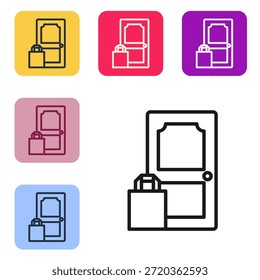 Línea negra Pedidos en línea y entrega de comida rápida icono aislado sobre fondo blanco. Establezca los íconos en Botones cuadrados de color. Ilustración vectorial