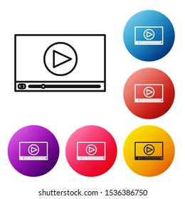 Black line Online play video icon isolated on white background. Film strip with play sign. Set icons colorful circle buttons. Vector Illustration