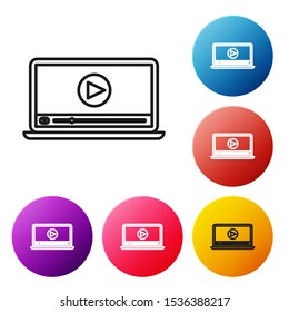 Black line Online play video icon isolated on white background. Laptop and film strip with play sign. Set icons colorful circle buttons. Vector Illustration