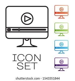 Black line Online play video icon isolated on white background. Computer monitor and film strip with play sign. Set icons colorful. Vector Illustration