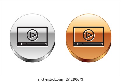 Black line Online play video icon isolated on white background. Film strip with play sign. Silver-gold circle button. Vector Illustration