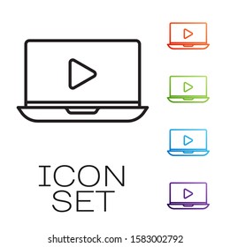 Black line Online play video icon isolated on white background. Laptop and film strip with play sign. Set icons colorful. Vector Illustration