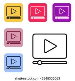 Black line Online play video icon isolated on white background. Film strip with play sign. Set icons in color square buttons. Vector Illustration