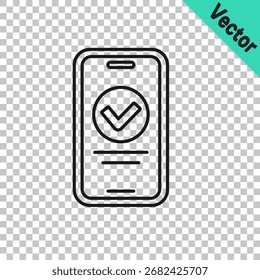 Línea negra Prueba en línea, prueba, Encuesta o icono de lista de comprobación aislado en fondo transparente. Lista de exámenes. Concepto de educación electrónica.  Vector