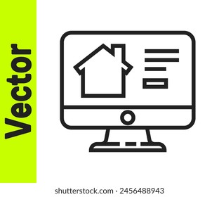 Black line Online real estate house on monitor icon isolated on white background. Home loan concept, rent, buy, buying a property.  Vector Illustration