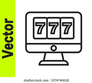 Black line Online slot machine with lucky sevens jackpot icon isolated on white background. Online casino.  Vector