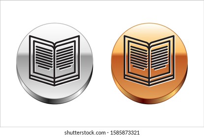 Black line Open book icon isolated on white background. Silver-gold circle button. Vector Illustration