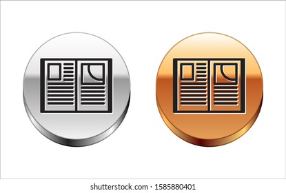 Black line Open book icon isolated on white background. Silver-gold circle button. Vector Illustration