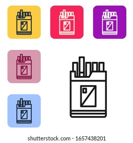 Black line Open cigarettes pack box icon isolated on white background. Cigarettes pack. Set icons in color square buttons. Vector Illustration