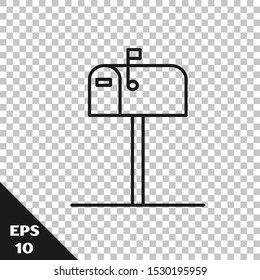 Black line Open mail box icon isolated on transparent background. Mailbox icon. Mail postbox on pole with flag.  Vector Illustration