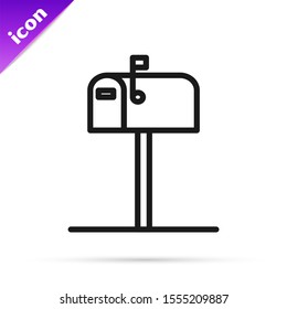 Black line Open mail box icon isolated on white background. Mailbox icon. Mail postbox on pole with flag.  Vector Illustration