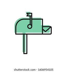 Black line Open mail box icon isolated on white background. Mailbox icon. Mail postbox on pole with flag.  Vector Illustration