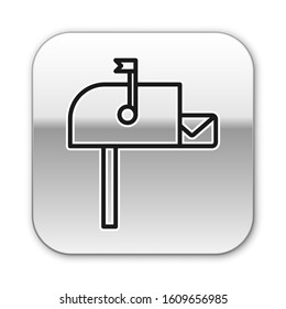 Black line Open mail box icon isolated on white background. Mailbox icon. Mail postbox on pole with flag. Silver square button. Vector Illustration