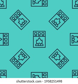 Black line Open matchbox and matches icon isolated seamless pattern on green background.  Vector