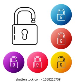 Black line Open padlock icon isolated on white background. Opened lock sign. Cyber security concept. Digital data protection. Safety safety. Set icons colorful circle buttons. Vector Illustration