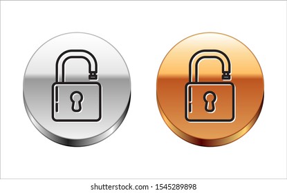 Black line Open padlock icon isolated on white background. Opened lock sign. Cyber security concept. Digital data protection. Safety safety. Silver-gold circle button. Vector Illustration